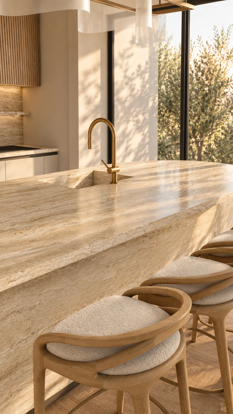 Cocina con isla de travertino, grifo de latón y taburetes de madera con asiento de bouclé