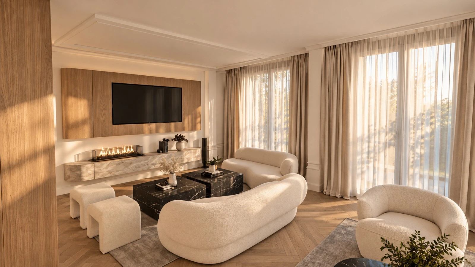 Salón con sofá curvo de bouclé, panel de madera y cortinas de lino con luz natural